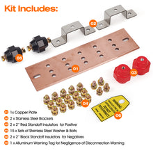 Load image into Gallery viewer, 12" Ground Bar Kit, 4’’ Wide Heavy Duty Ground Bars Copper Bus Bar with 2500V 2’’x 2” Standoff Insulators Made of UL Recognized Material