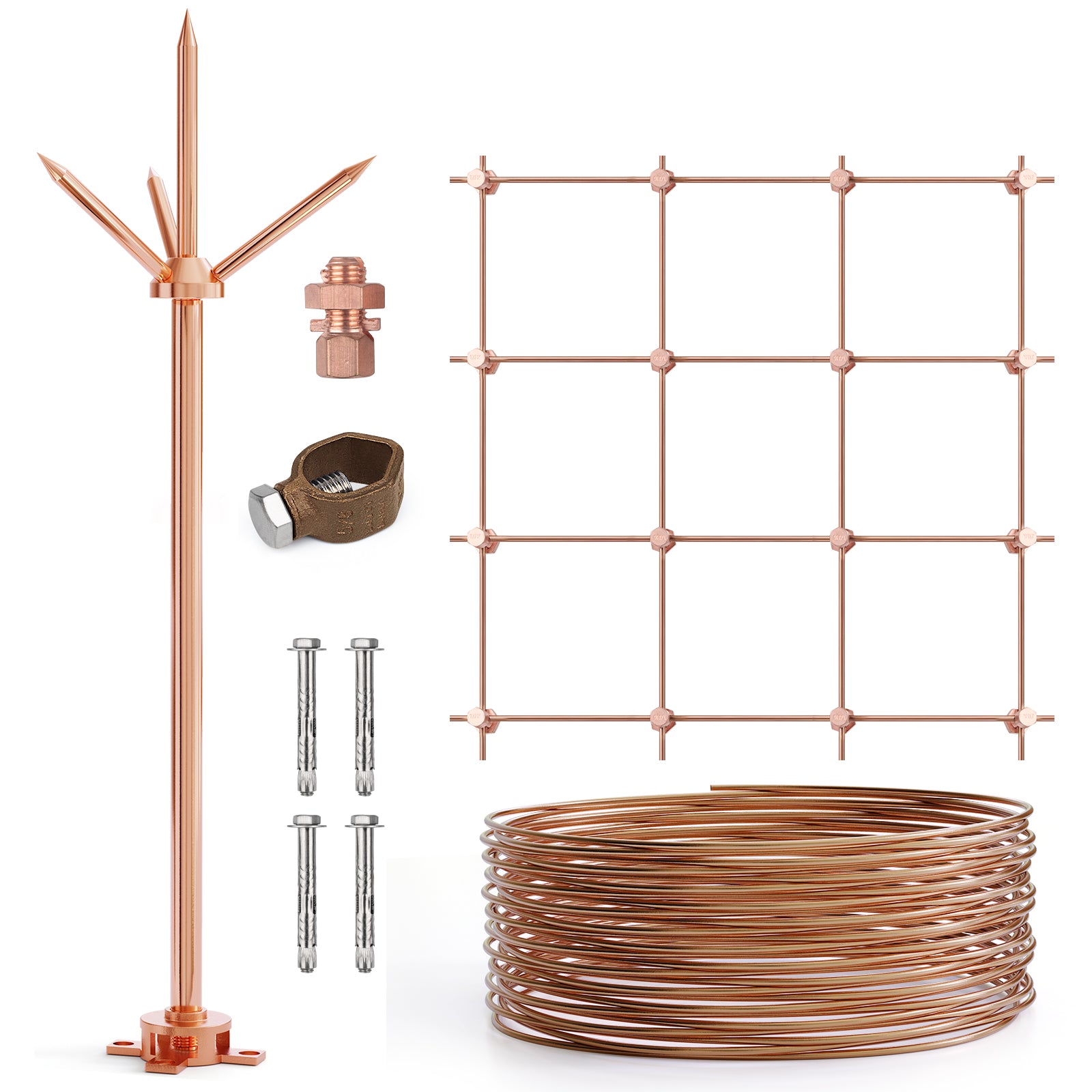 Lightning Rod,Copper Lightning Rod Protection System With 60 Feet 6AWG Down  Conductor and DIY Ground Mesh and Clamp UL Listed for House Roof Bungalow