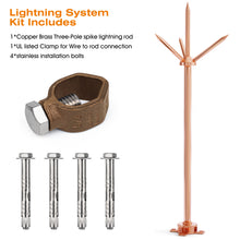 Carregar imagem no visualizador da galeria, Lightning Rod,Copper Lightning Rod With Connection Clamp UL Listed Three-Pole Spike Brass Detachable Lightning Protection Equipment for House Roof Bungalow Tin House Farm