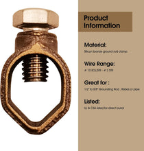 Load image into Gallery viewer, 500 Units pack Silicon Bronze Copper Ground Rod Clamp with Stainless Steel Bolt, Fits 1/2''-5/8'' Grounding Rods, Solderless Ground Connection, UL Listed