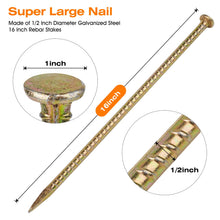 Load image into Gallery viewer, 100pcs 16" Heavy Duty Color Zinc Galvanized Ground Rebar Stakes, 1/2" Diameter Large Head Metal Ground Nails for Garden, Construction & Camping