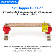 Carregar imagem no visualizador da galeria, GOUNENGNAIL- 12" Copper Bus Bar,Heavy Duty Ground Bar Kit, 24 x 0.41’’ Holes and Slots with 2” Standoff Insulators Made from UL Recognized Material,2500V