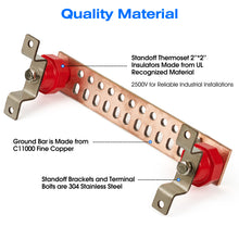 Load image into Gallery viewer, GOUNENGNAIL- 12" Copper Bus Bar,Heavy Duty Ground Bar Kit, 24 x 0.41’’ Holes and Slots with 2” Standoff Insulators Made from UL Recognized Material,2500V