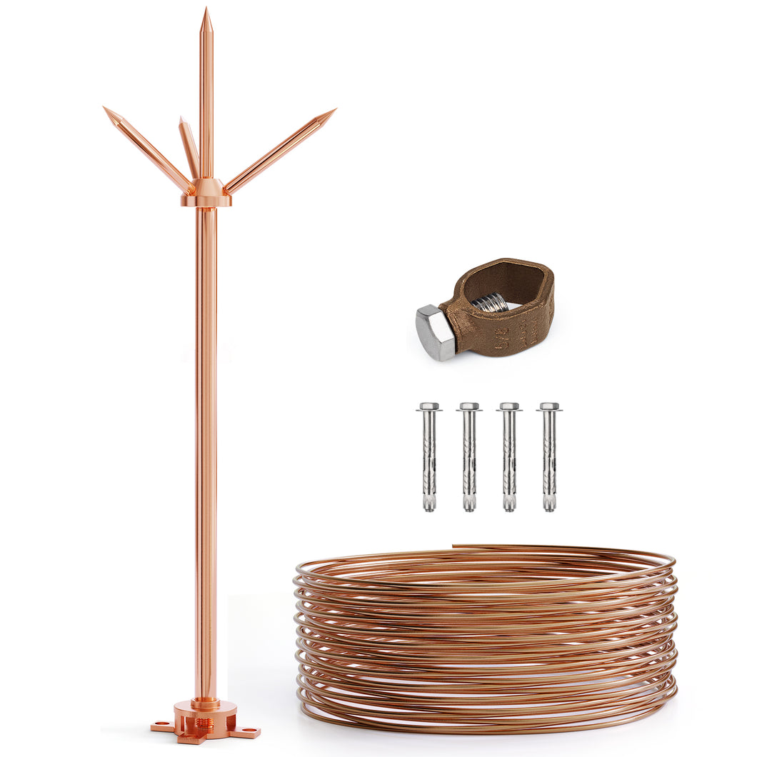 Lightning Rod,Copper Lightning Rod Protection System With 60 Feet 6AWG Down Conductor and Ground Rod Clamp UL Listed for House Roof Bungalow Tin House Farm