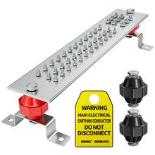 Load image into Gallery viewer, 20” Tinned Copper Ground Bus Bar Kit, Multipurpose Grounding Terminal Bar with 36×1/4” &amp; 9×5/16” Holes, 2500V Insulated Standoff Insulators &amp; 304 Stainless Steel Hardware for Power Distribution, Data Center &amp; Ham Radio

