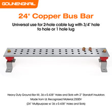 Cargar imagen en el visor de la galería, 24&quot; Ground Bar Kit, 4’’ Wide Tin Plated Copper Bus Bar Ground Bar with 2500V 2’’x 2” Standoff Insulators Made of UL Recognized Material
