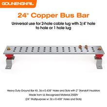 Load image into Gallery viewer, 24&quot; Ground Bar Kit, 4’’ Wide Tin Plated Copper Bus Bar Ground Bar with 2500V 2’’x 2” Standoff Insulators Made of UL Recognized Material
