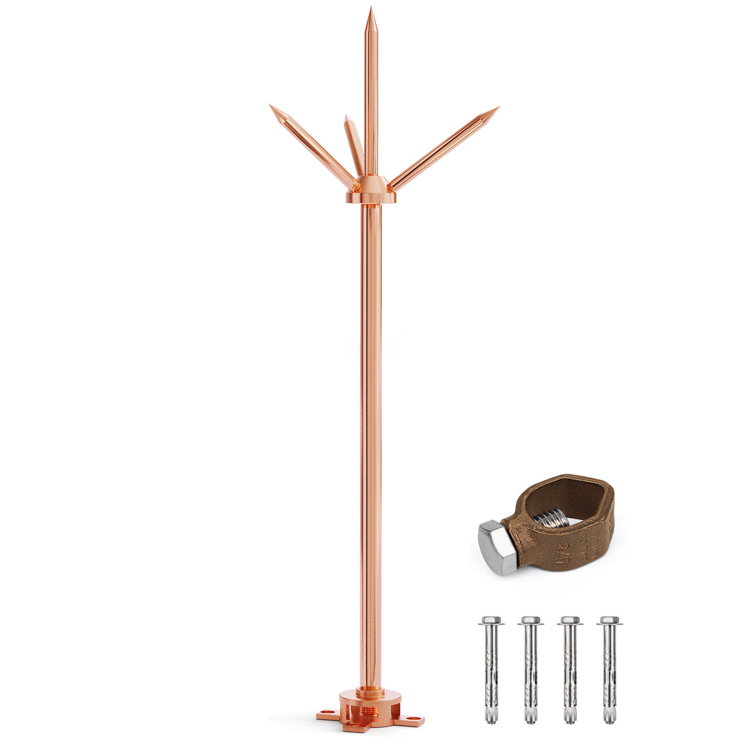 Lightning Rod,Copper Lightning Rod With Connection Clamp UL Listed Three-Pole Spike Brass Detachable Lightning Protection Equipment for House Roof Bungalow Tin House Farm
