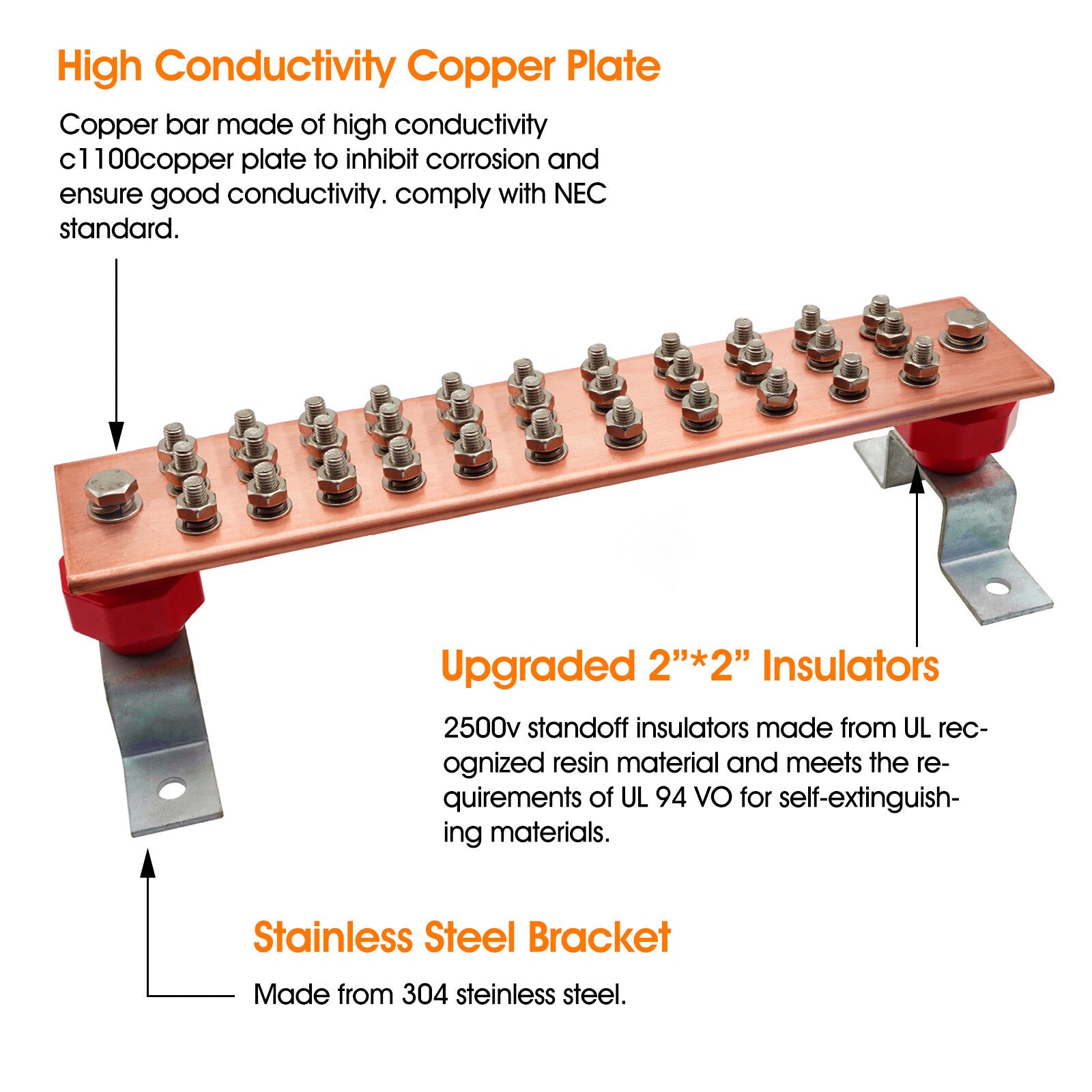 16inch 1500A Copper Grounding Bar Kit,Copper Bus Bar Ground Bus Bar ...