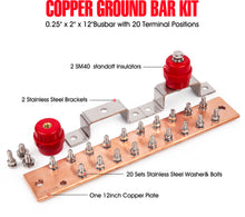 Load image into Gallery viewer, Copper Ground Bar Kit - .25&quot; x 2&quot; x 12&quot; Busbar with 20 Terminal Positions
