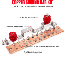 Cargar imagen en el visor de la galería, Copper Ground Bar Kit - .25&quot; x 2&quot; x 12&quot; Busbar with 20 Terminal Positions
