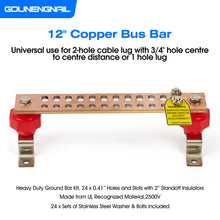 Load image into Gallery viewer, GOUNENGNAIL- 12&quot; Copper Bus Bar,Heavy Duty Ground Bar Kit, 24 x 0.41’’ Holes and Slots with 2” Standoff Insulators Made from UL Recognized Material,2500V
