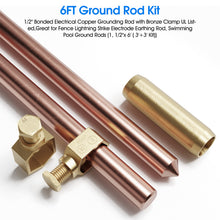 Carregar imagem no visualizador da galeria, 6ft Ground Rod Kit - 1/2&#39;&#39; Bonded Electrical Copper Grounding Rod with Bronze Clamp UL Listed,Great for Fence Lightning Strike Electrode Earthing Rod, Swimming Pool Ground Rod
