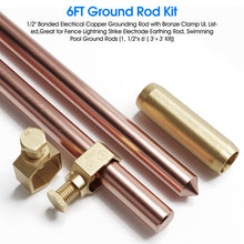 Load image into Gallery viewer, 6ft Ground Rod Kit - 1/2&#39;&#39; Bonded Electrical Copper Grounding Rod with Bronze Clamp UL Listed,Great for Fence Lightning Strike Electrode Earthing Rod, Swimming Pool Ground Rod
