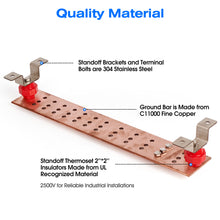 Carregar imagem no visualizador da galeria, GOUNENGNAIL- 24&quot; x 4&quot; x 1/4&quot; Copper Bus Bar,Heavy Duty Ground Bar Kit, 36 x 0.438’’ Holes and Slots with 2” Standoff Insulators Made from UL Recognized Material,2500V
