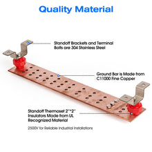 Load image into Gallery viewer, GOUNENGNAIL- 24&quot; x 4&quot; x 1/4&quot; Copper Bus Bar,Heavy Duty Ground Bar Kit, 36 x 0.438’’ Holes and Slots with 2” Standoff Insulators Made from UL Recognized Material,2500V
