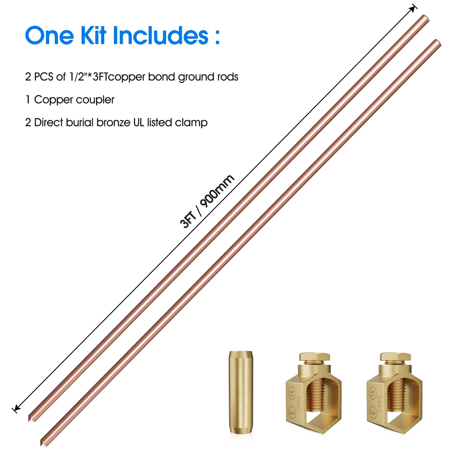 6ft Ground Rod Kit - 1/2'' Bonded Electrical Copper Grounding Rod with ...