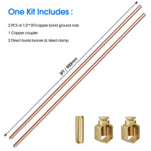 Carregar imagem no visualizador da galeria, 6ft Ground Rod Kit - 1/2&#39;&#39; Bonded Electrical Copper Grounding Rod with Bronze Clamp UL Listed,Great for Fence Lightning Strike Electrode Earthing Rod, Swimming Pool Ground Rod
